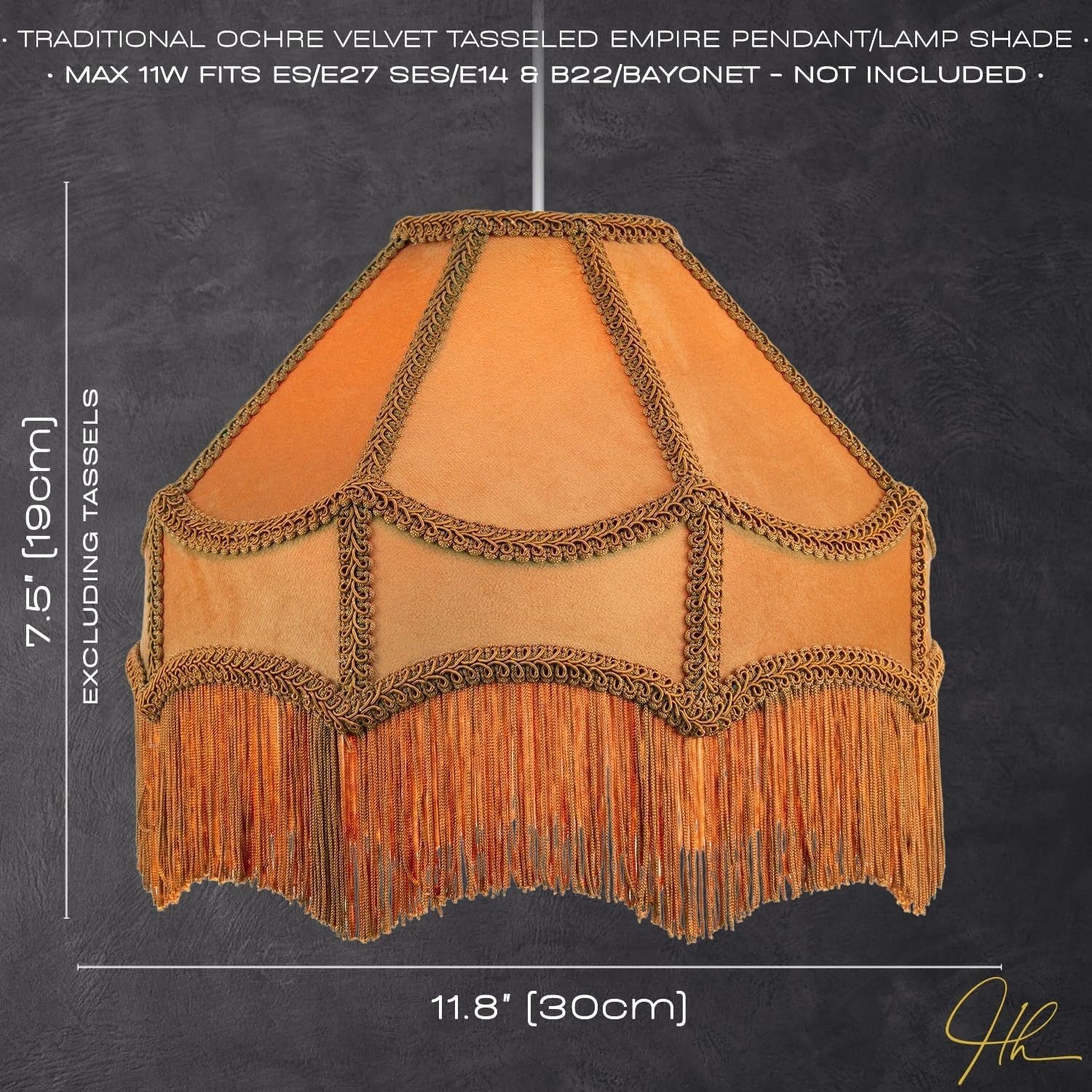 Victorian Empire Velvet Lampshade Mustard Ochre Tassel Pendant 30cm