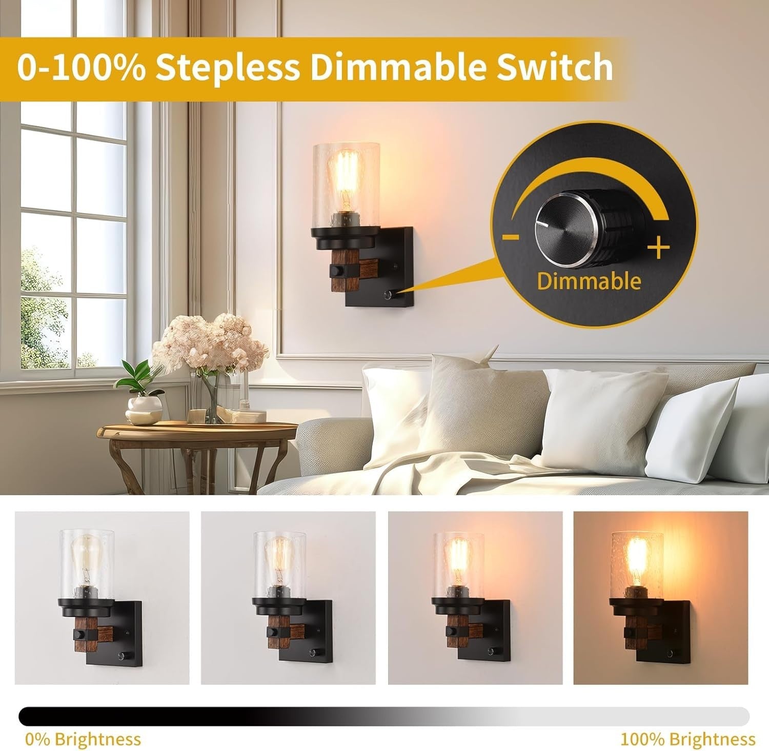 Rustic Wall Sconces Set of 2 Dimmable Farmhouse Vanity Lights with Seeded Glass