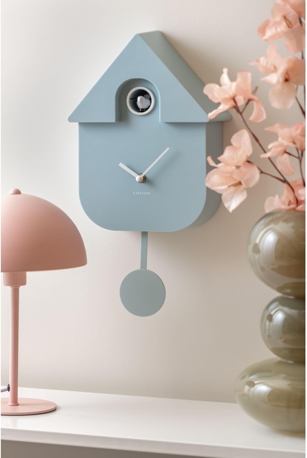 Modern Pendulum Wall Cuckoo Clock | Soft Blue, Hourly Chime, Adjustable Volume