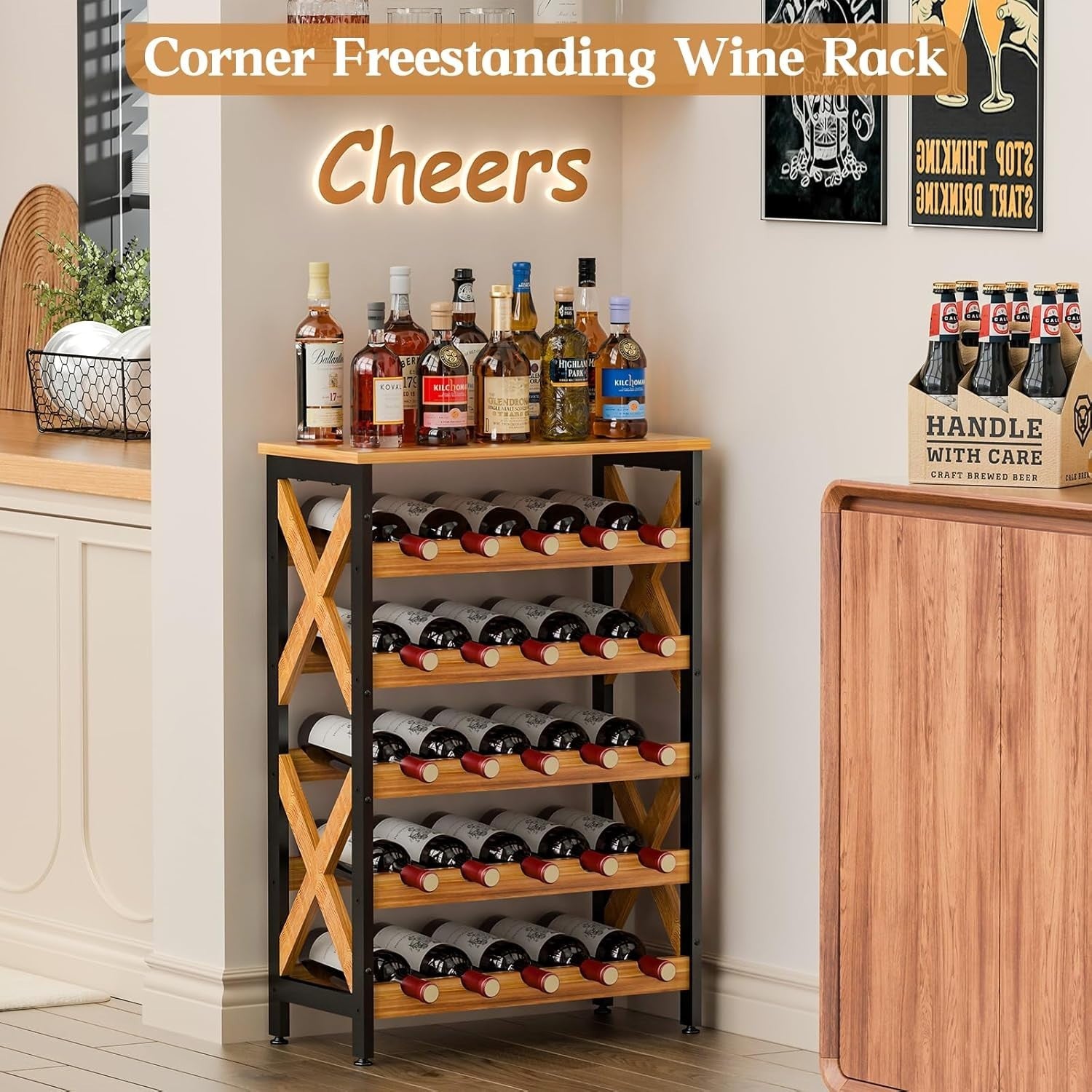 25 Bottle Wine Rack 5 Tier Rustic Floor Standing Storage Shelf with Wood Top Bar