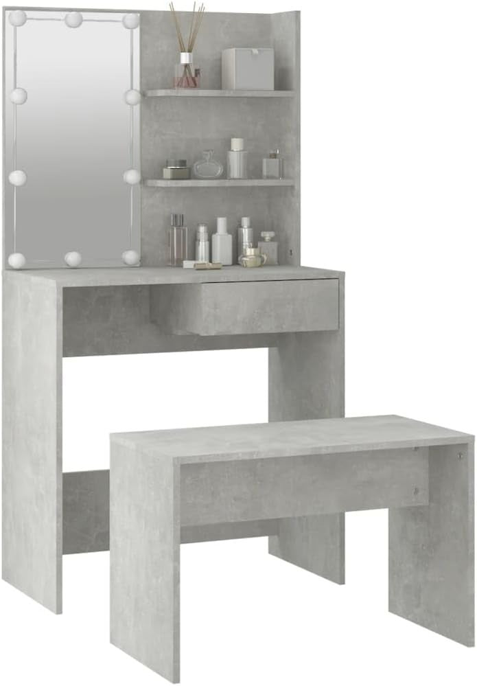 Modern Dressing Table Vanity Set Storage Mirror LED Lights Stool Bedroom Furnitu