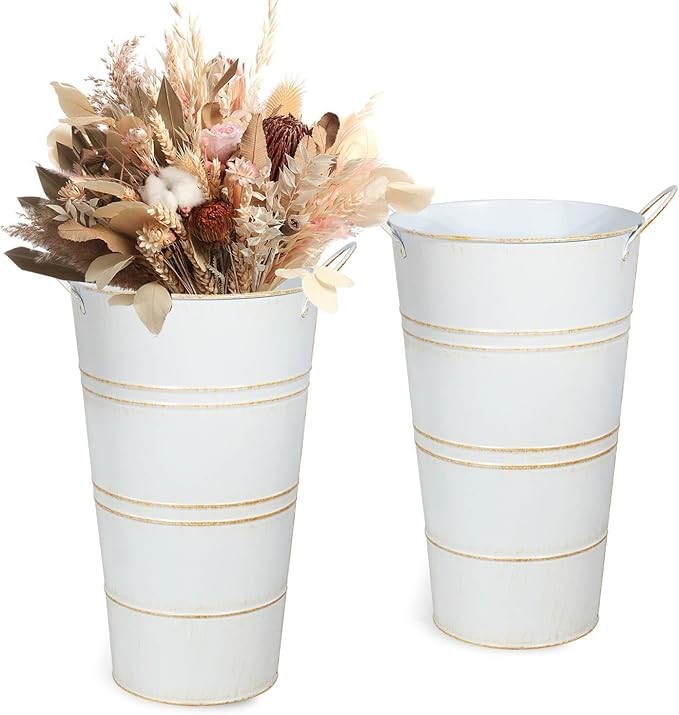 12 Inch White Galvanized Metal Flower Vases Set of 2 Rustic Bucket Planters