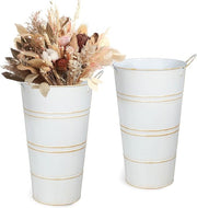 12 Inch White Galvanized Metal Flower Vases Set of 2 Rustic Bucket Planters