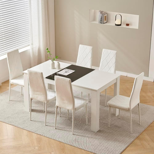 Modern White Dining Table Set 6 Velvet Chairs | Space-Saving Kitchen