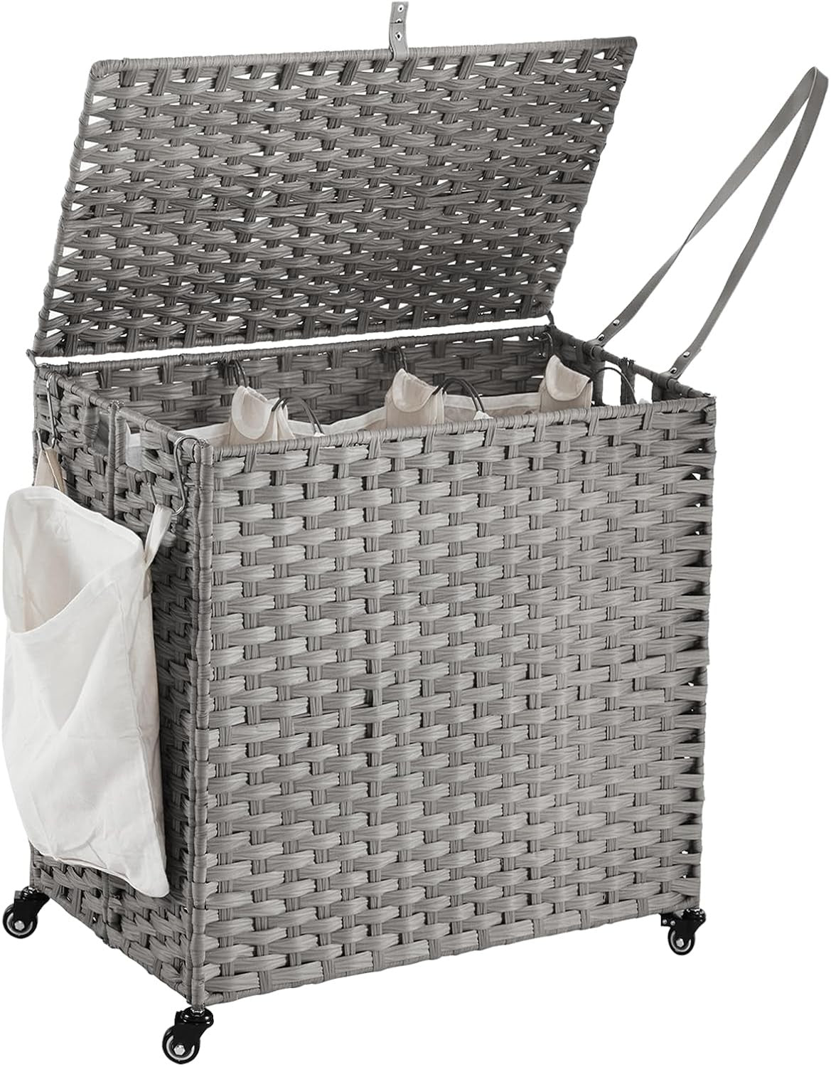 150L Grey Rattan Laundry Hamper with Wheels Lid 3-Section Bags Removable Liner