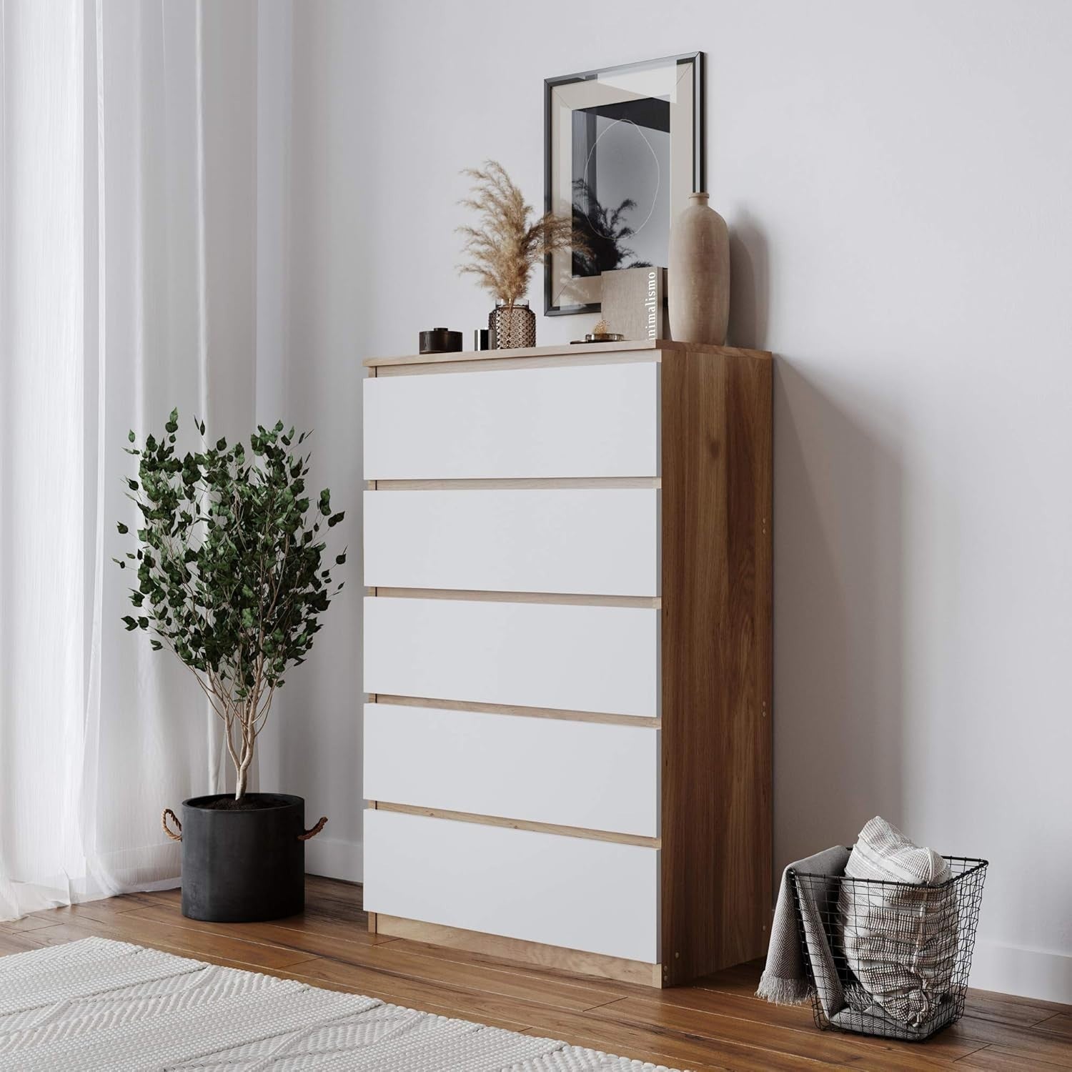 Tall 5 Drawer Chest White Oak Storage Cabinet Bedroom Slim Modern Unit