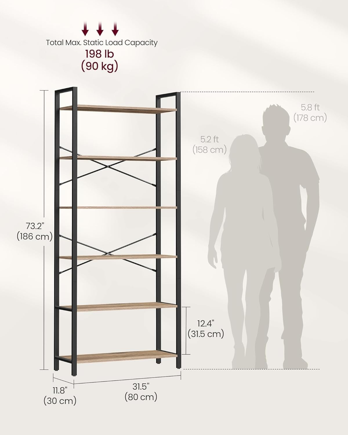 6-Tier Industrial Bookshelf 30x80x186 cm Heavy Duty Storage Unit...