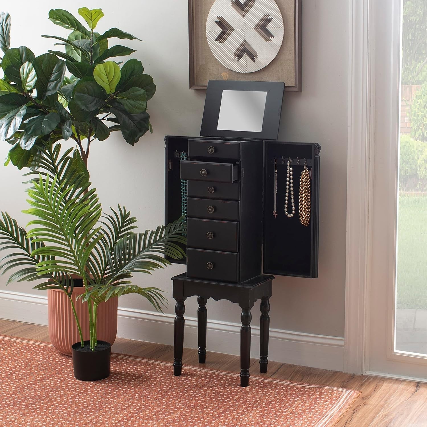 Distressed Ebony Black Jewellery Armoire with Mirror Side Doors Storage