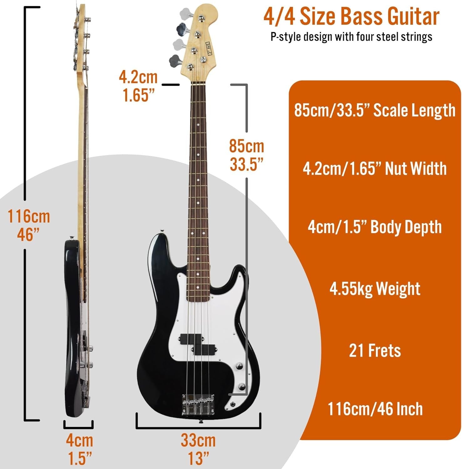 Full Size 4/4 Electric Bass Guitar Kit 15W Amp Bag Stand Black
