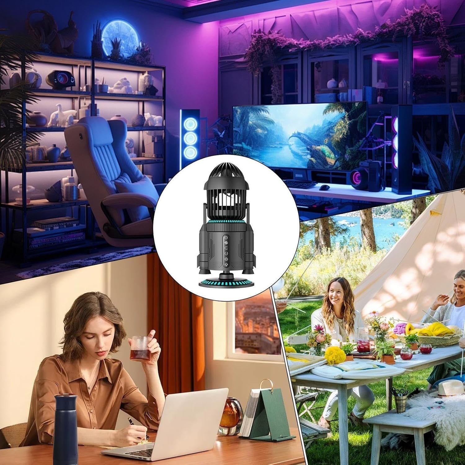 Rocket-Shape Desk Fan – Quiet 5000RPM Air Circulator LED Light Adjustable Grey