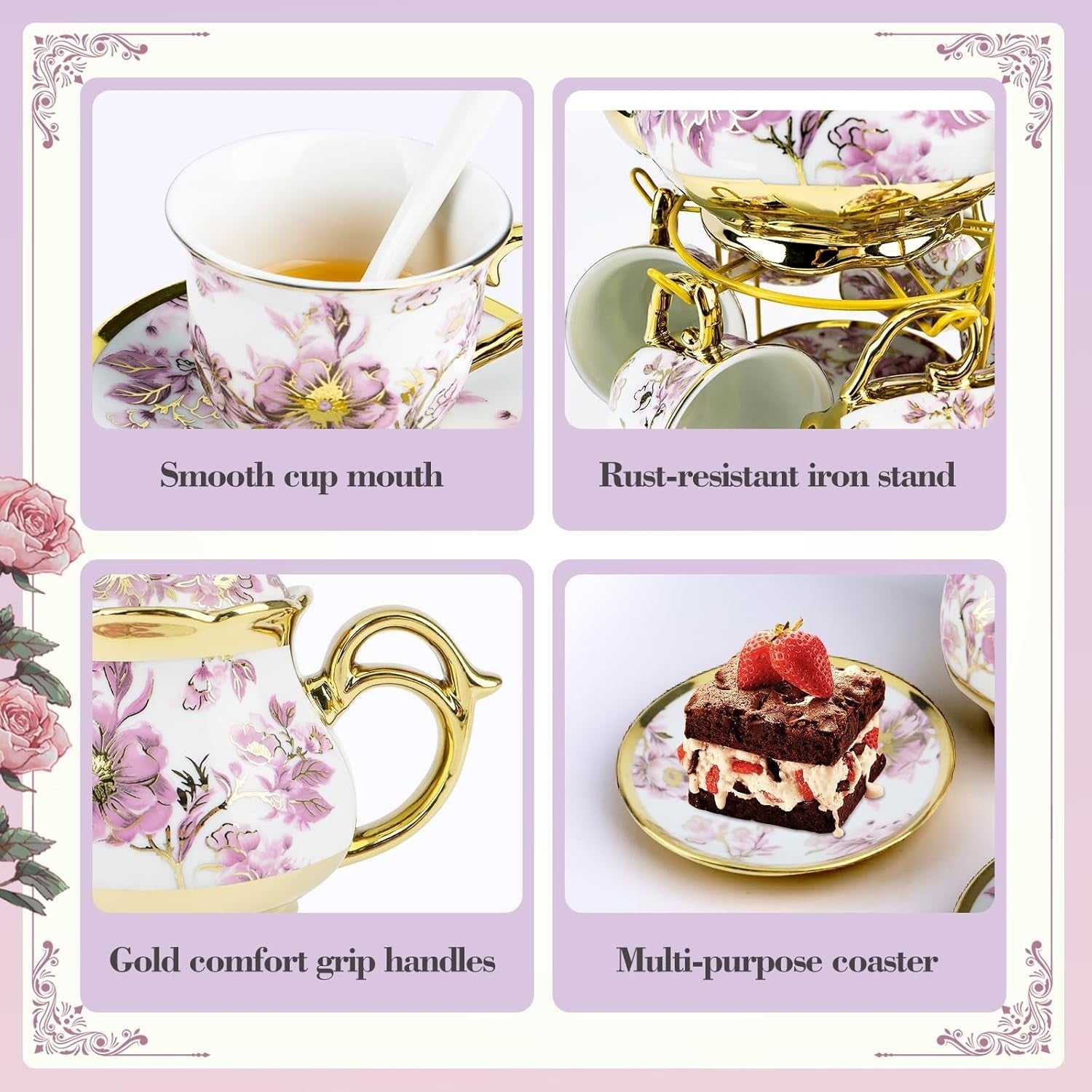 20Pc Purple Porcelain Tea Set Gold Floral Teapot Cups Saucers Stand