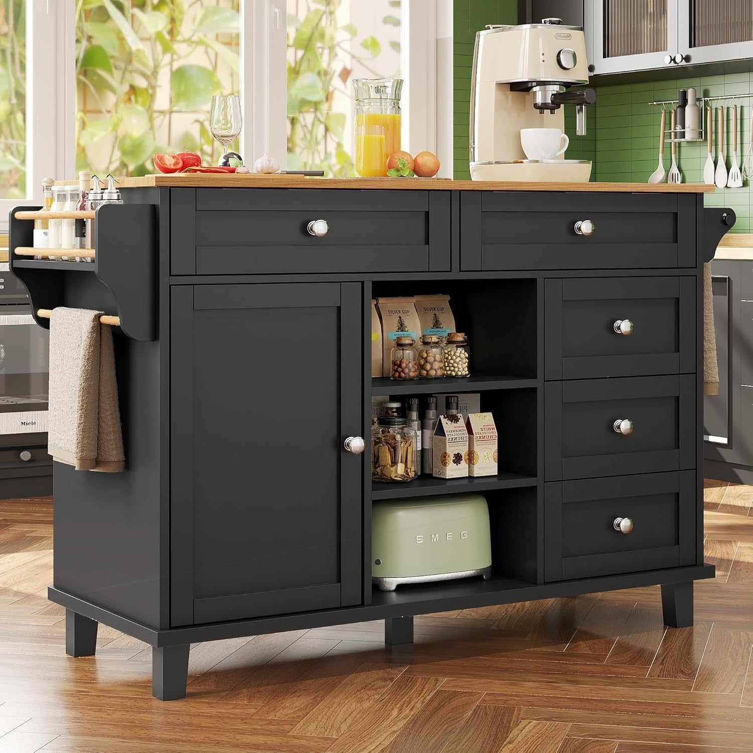 Rolling Kitchen Trolley with Drawers & Cabinets, Adjustable Shelves, 134cm Workt