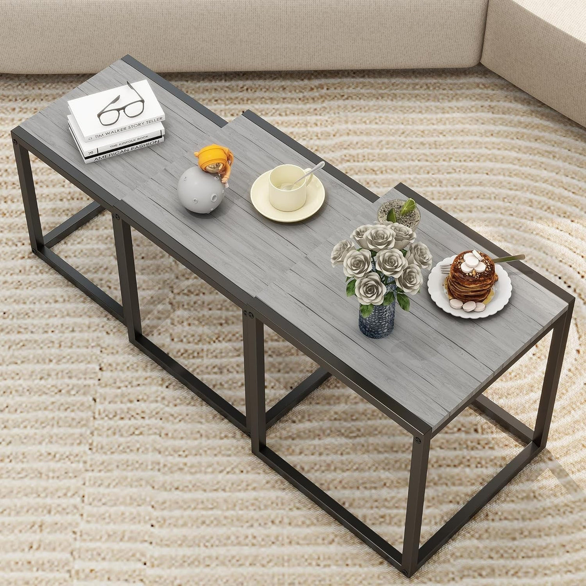 3 Nesting Coffee Tables Set Wood Metal Grey Round Side End Modern Living Room