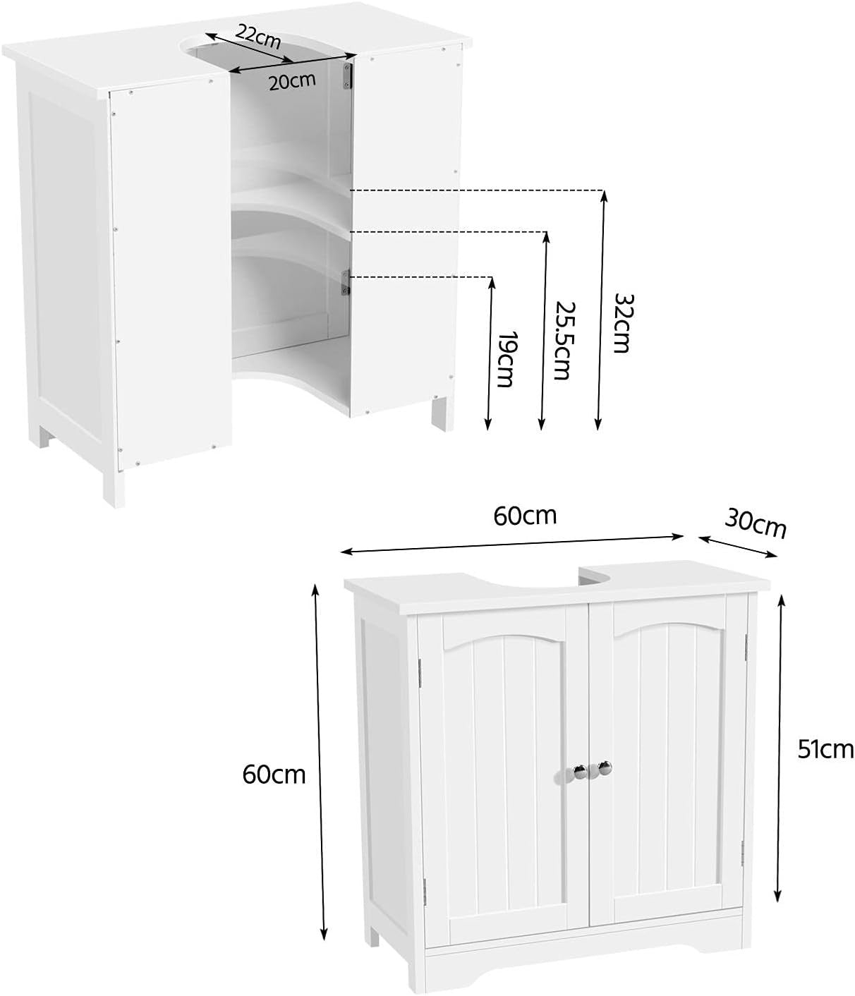 Under Sink Bathroom Cabinet Cupboard with Shelf & Doors 60x30x60cm White
