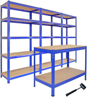 3 Heavy Duty T-Rax Garage Shelving Units + Workbench Blue 280kg Shelves