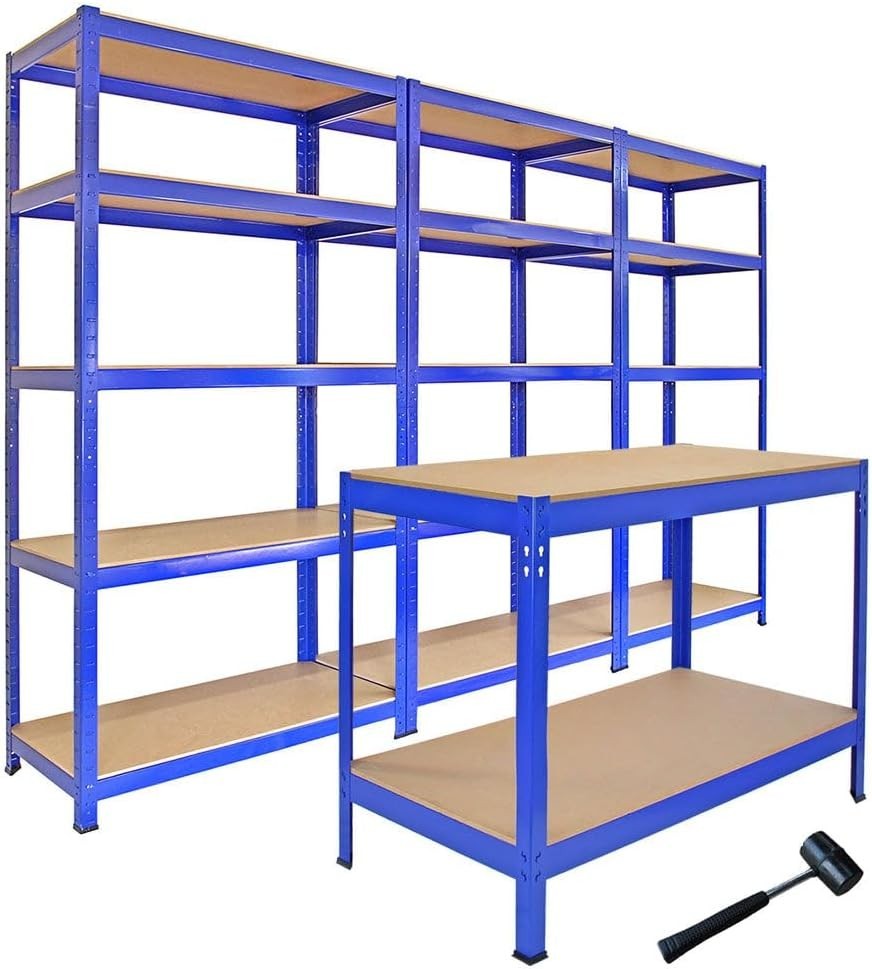 3 Heavy Duty T-Rax Garage Shelving Units + Workbench Blue 280kg Shelves