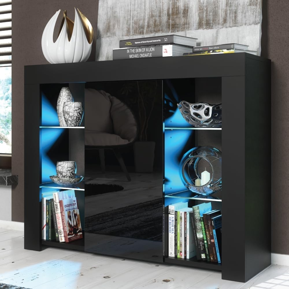 97cm Black Sideboard Cabinet Gloss Doors LED Light Adjustable Shelves