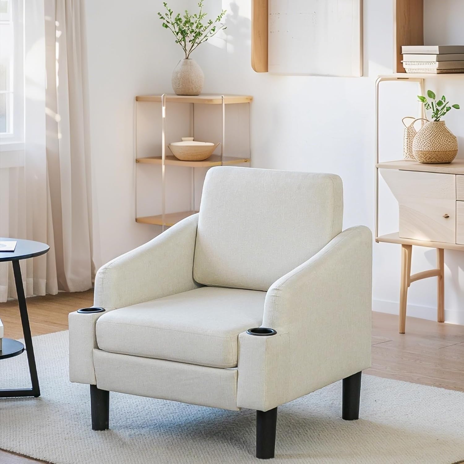 Beige Fabric Accent Armchair with Cup Holders – Comfy Living Room Seat