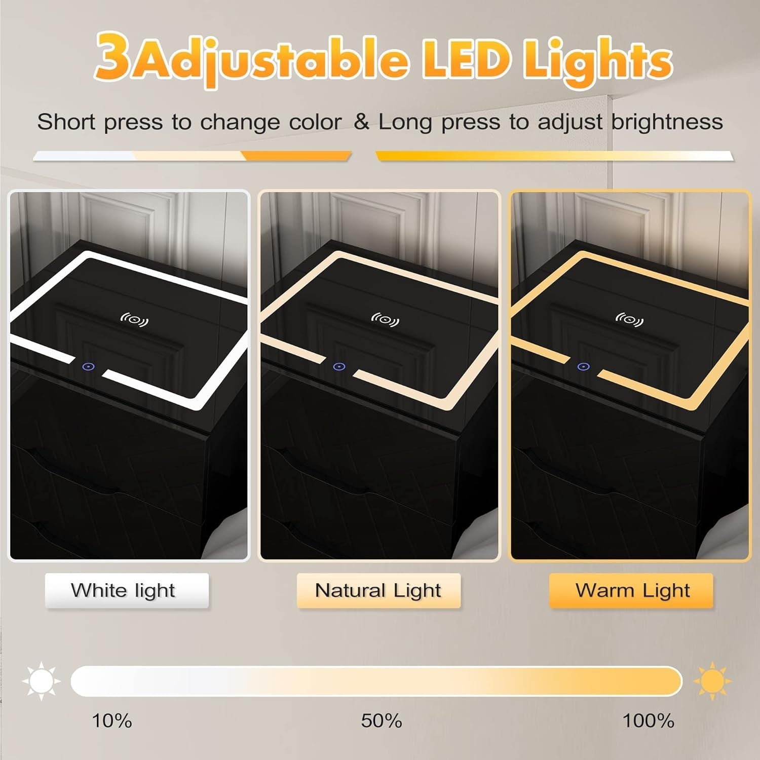 Black High Gloss Bedside Table with Wireless & USB Charging, LED Light, 3 Drawer