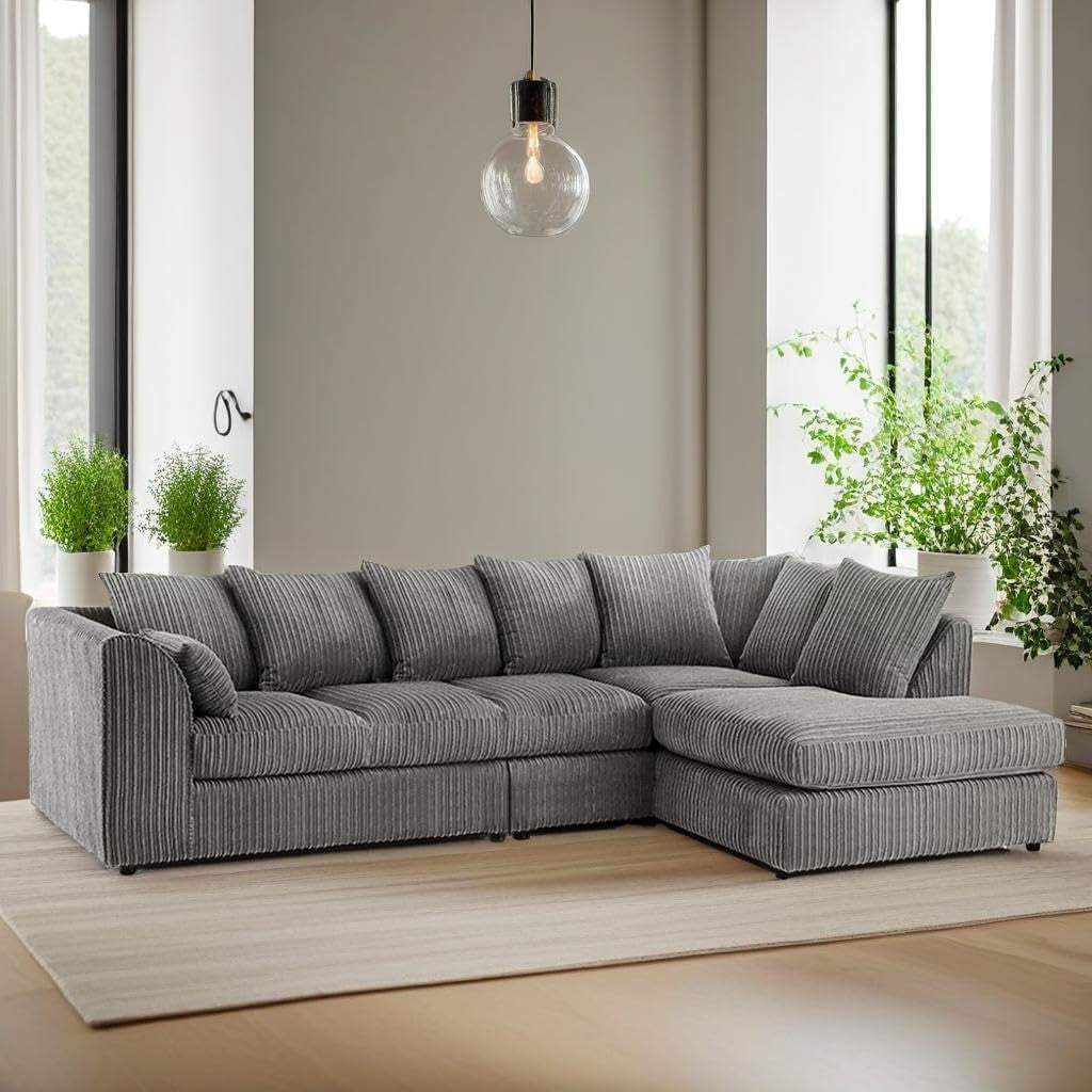 Grey L Shaped Corner Sofa 5 Seater with Memory Foam Cushions & Durable Frame