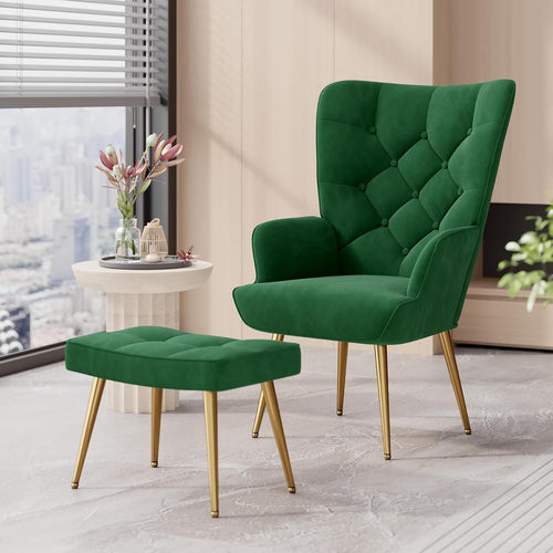 Velvet Wingback Chair & Footstool Set High Back Gold Legs Lounge Green