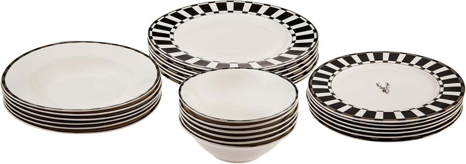 24pc Black White Dinner Set for 6 Bone China Plates Bowls Luxury Checked