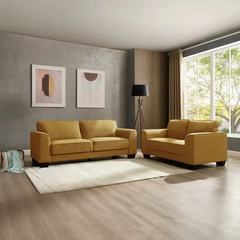 Mustard Boucle 2 Seater Sofa Deep Cushions Compact Modern UK Living Room