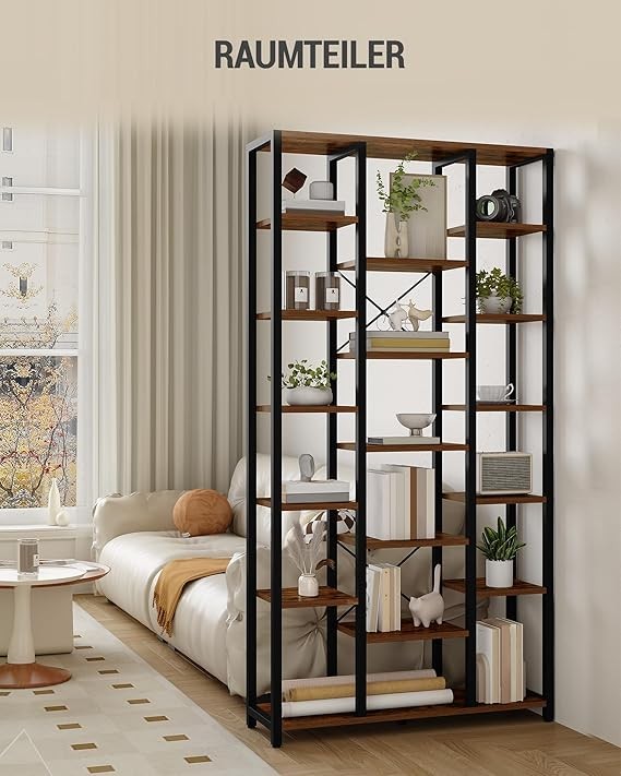 Tall 6 Tier Bookcase with 18 Shelves Storage Unit Rustic Brown Black 30x100x200