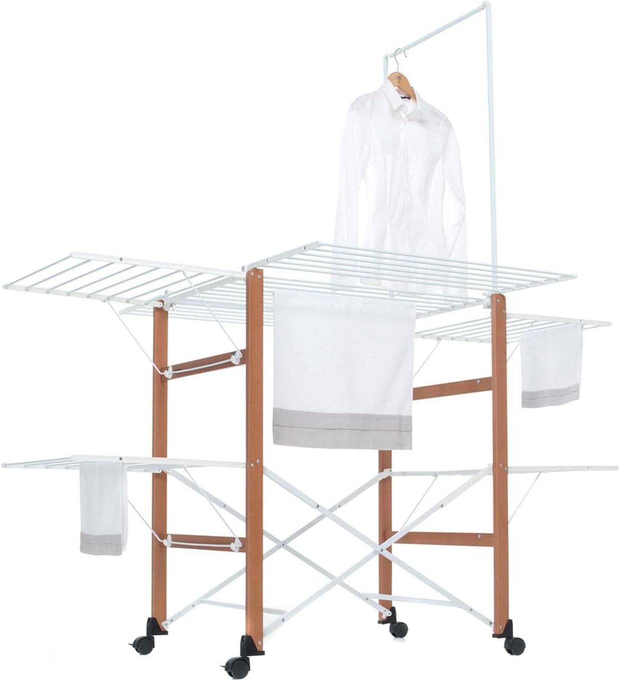 Large Solid Wood Clothes Airer 3 Tier Folding Drying Rack With Wheels