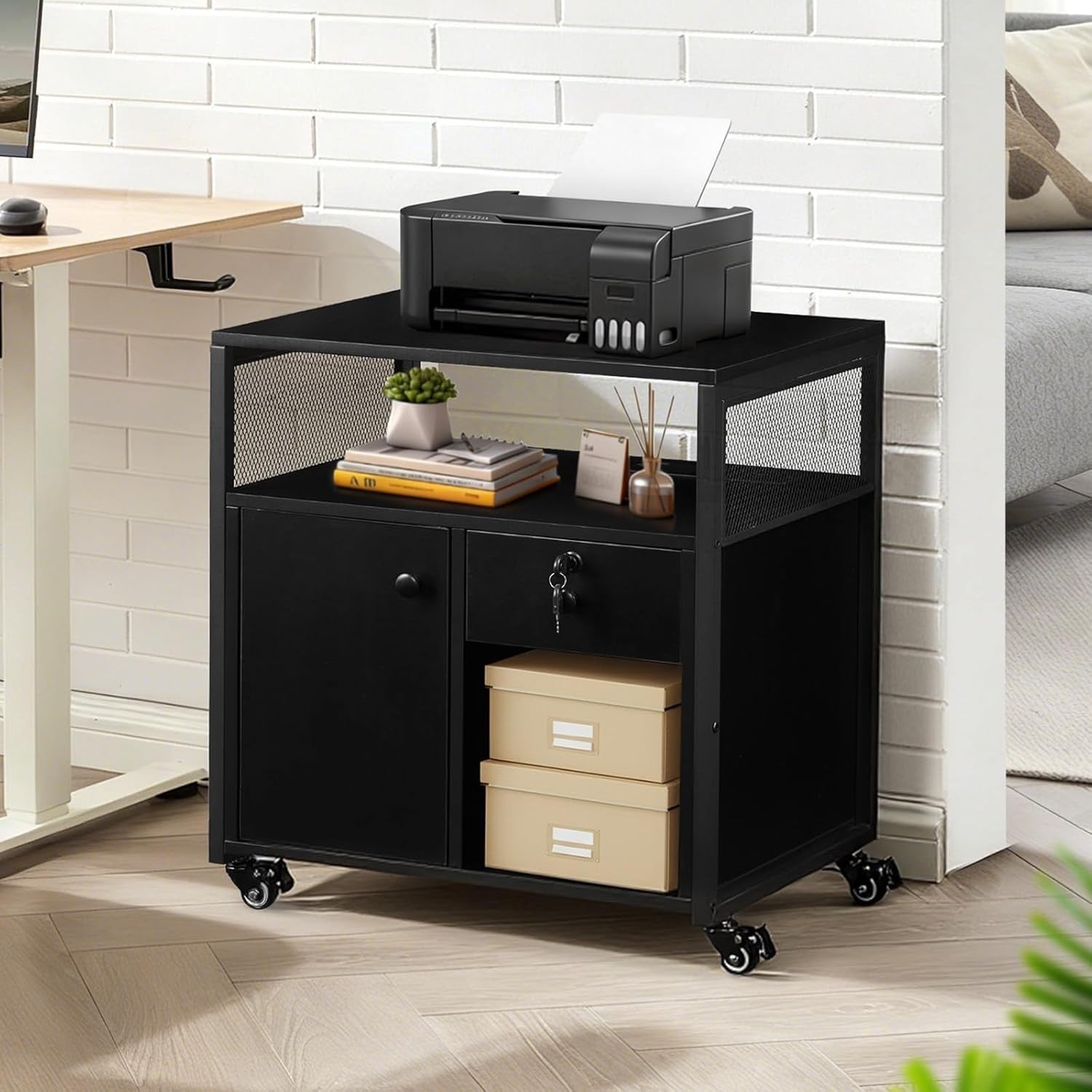 Black Mobile File Cabinet w/ Charging Station Lockable Drawer Printer Stand
