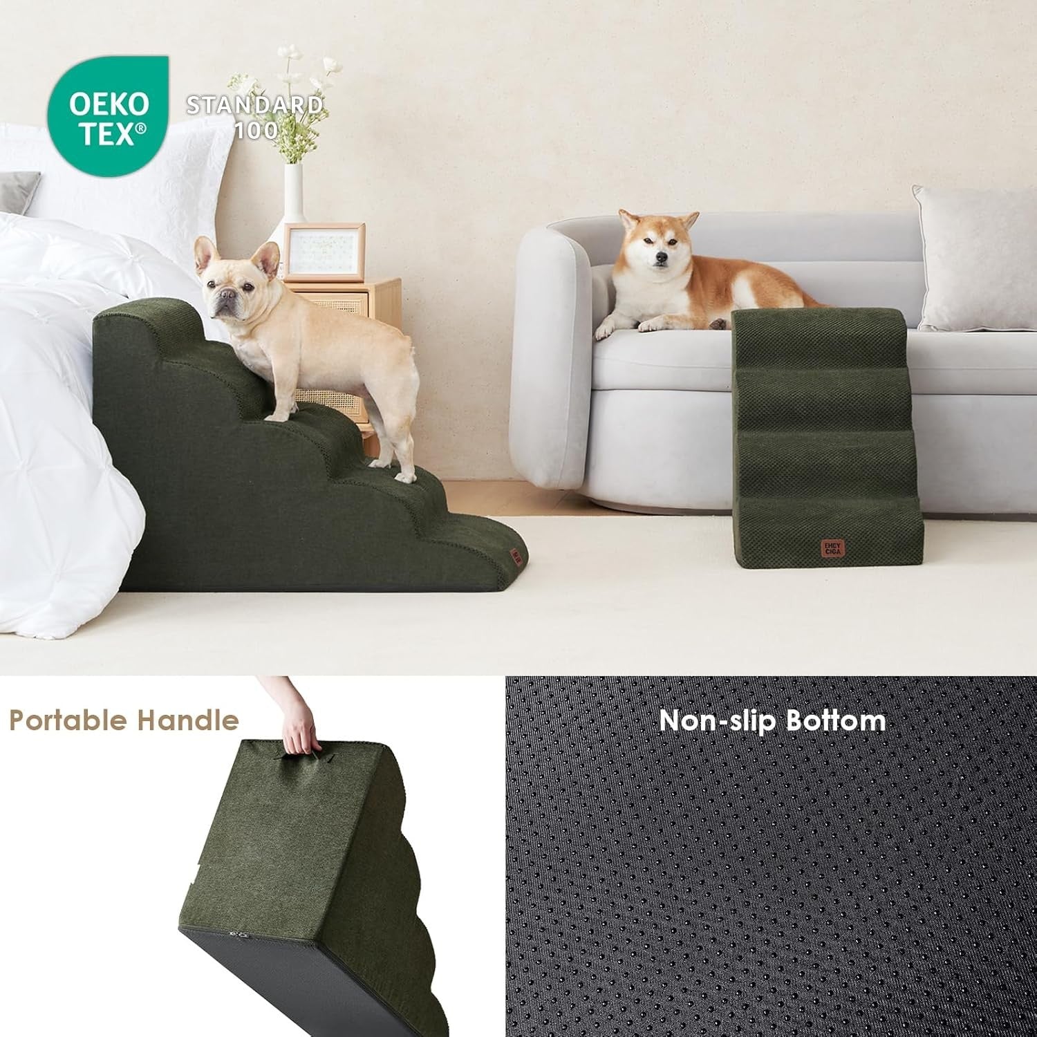 4 Step Dog Stairs for High Bed Non Slip Foam Pet Steps Olive