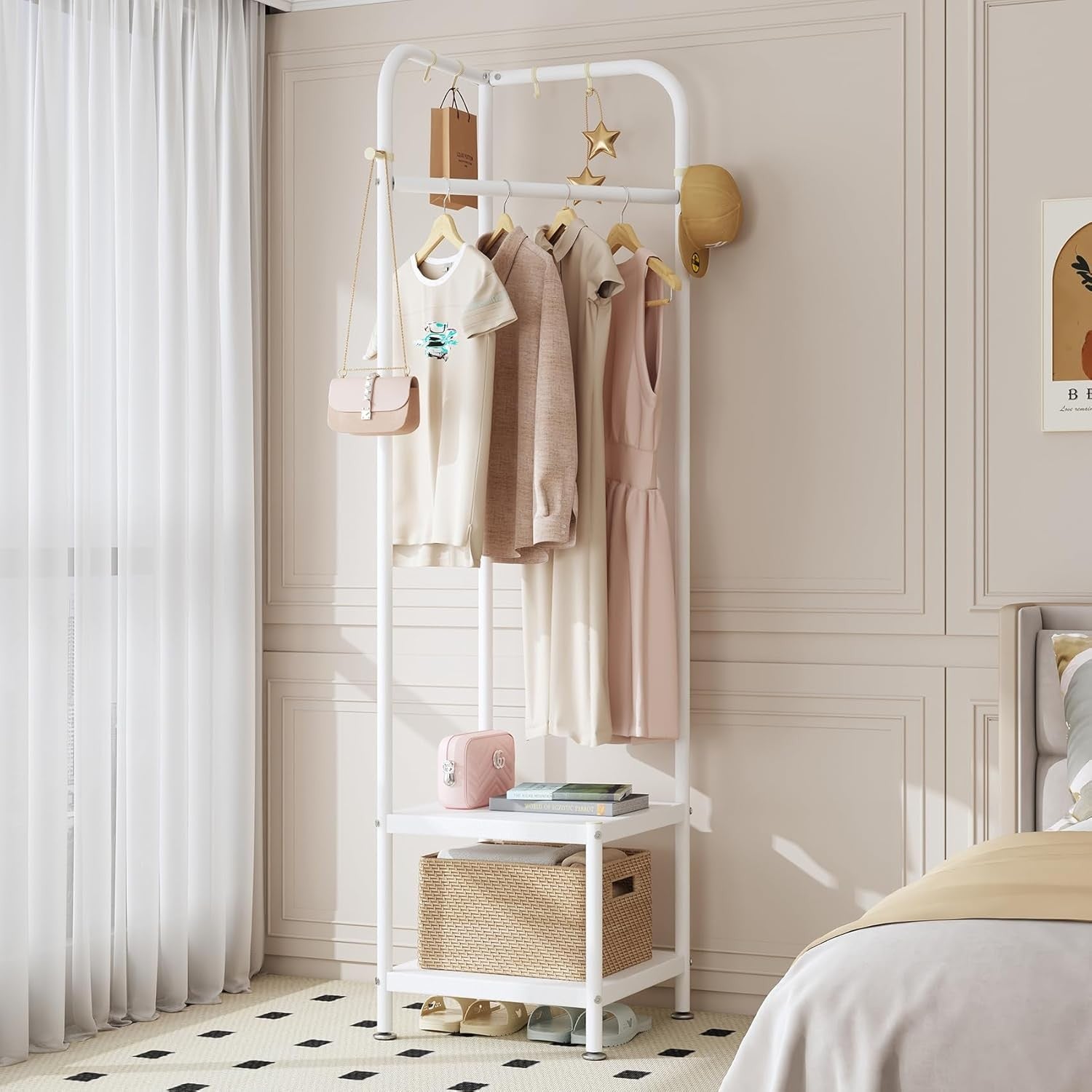 Metal Corner Coat Rack with Shelves | Space Saving Hallway Clothes Stand