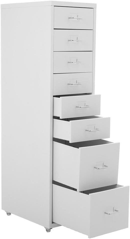 White 8 Drawer Metal Rolling Storage Tower Slim Under Desk File Unit