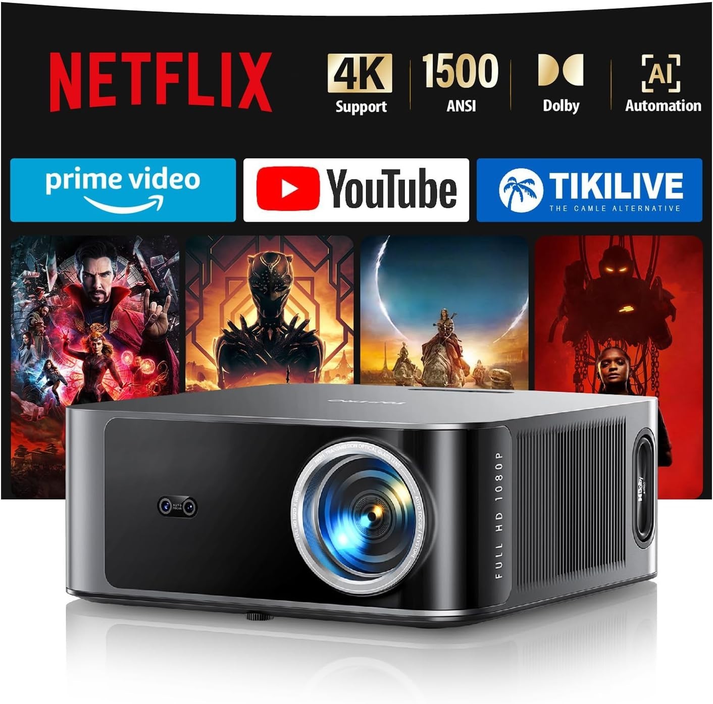 1500 ANSI Smart 4K Projector 1080P WiFi 6 Bluetooth Dolby Home Cinema