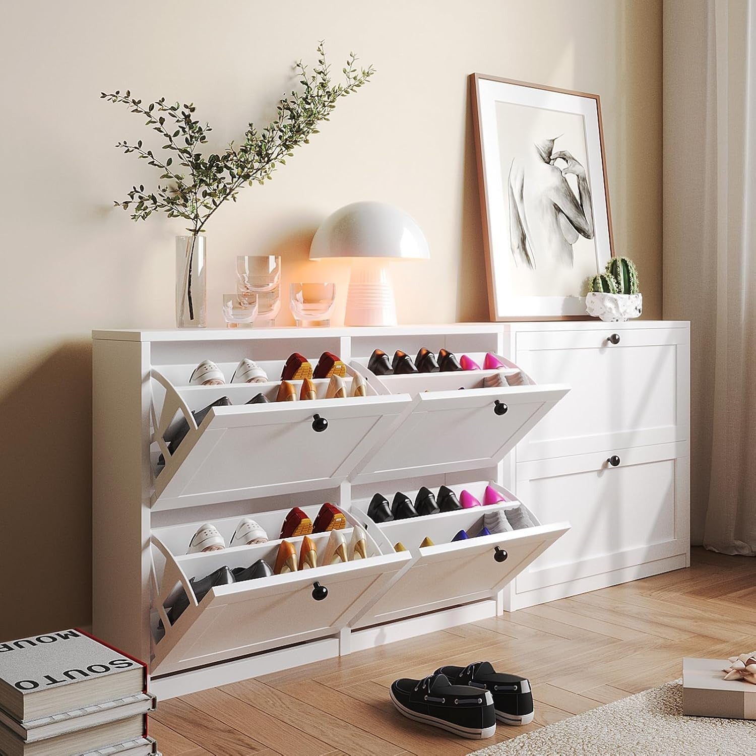 White 4-Drawer Shoe Cabinet Cupboard w/ Adjustable Shelf & Anti-Tip 105cm