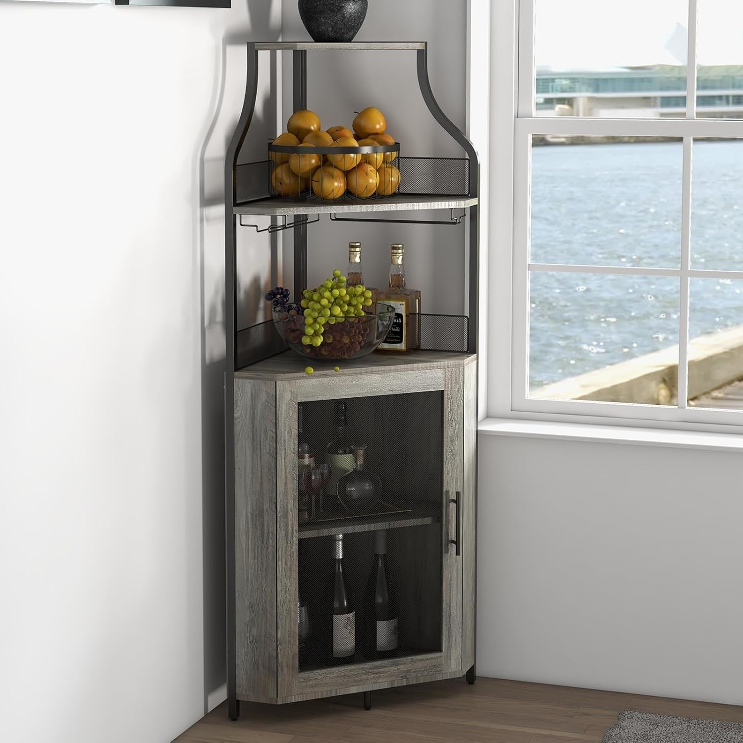 Corner Wine Cabinet with Glass Door & Removable Rack, Industrial Bar