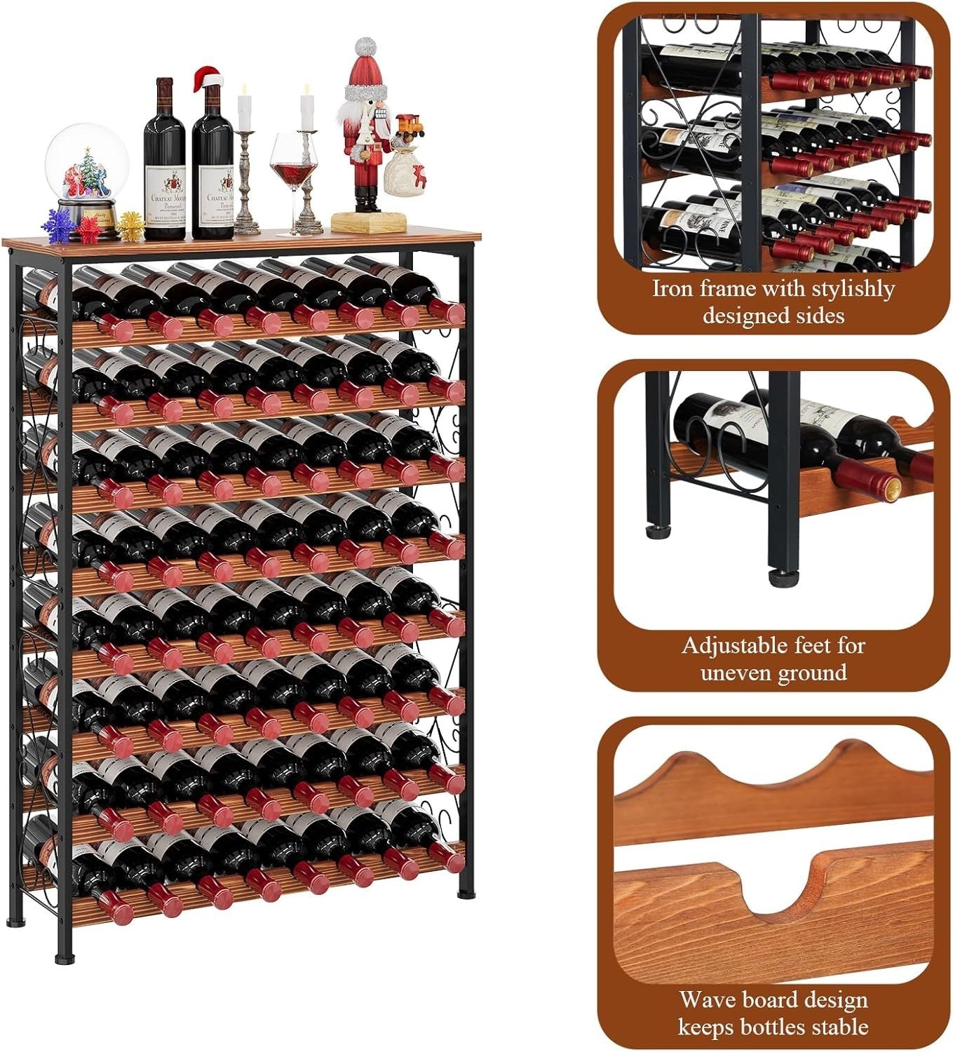 64 Bottle Wine Rack Freestanding with Wooden Top LED Display Shelf Home Bar