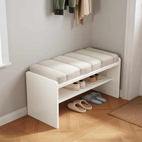 Beige Velvet Shoe Storage Bench with Cushion Seat – Modern Hallway Stool