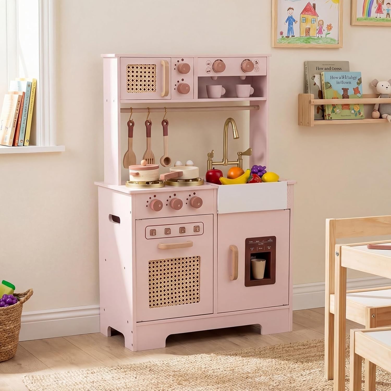 Kids Wooden Play Kitchen Lights Sounds Coffee Maker Ice Dispenser