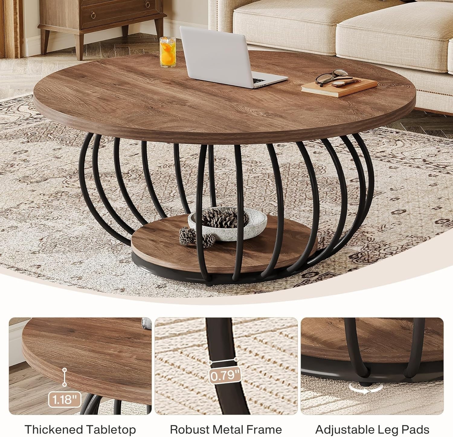 Round 2-Tier Coffee Table with Storage, Metal Frame & Wooden Grain Top