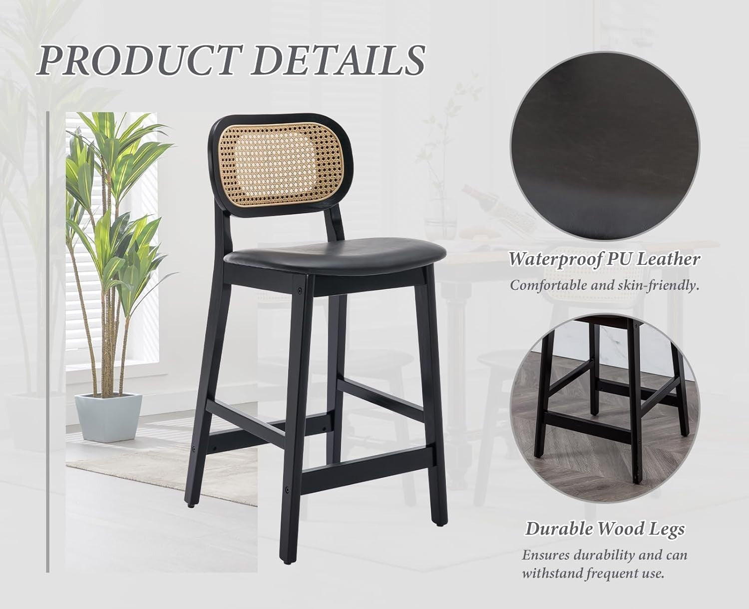 Rattan Bar Stools Set of 2 Counter Height Black Wooden Kitchen Island Chairs