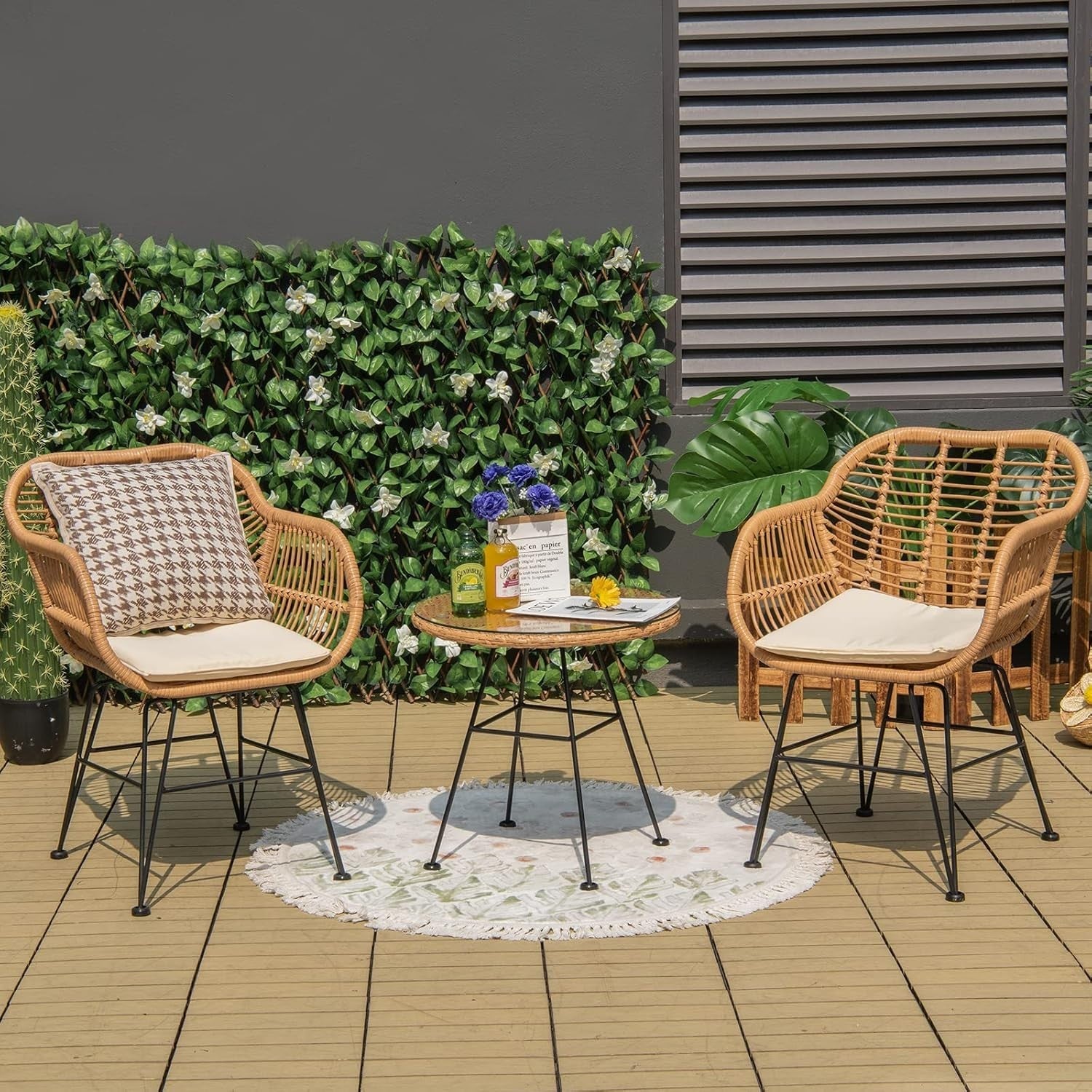 Outdoor Rattan Bistro Chairs Set with Glass Coffee Table Balcony Patio Seating