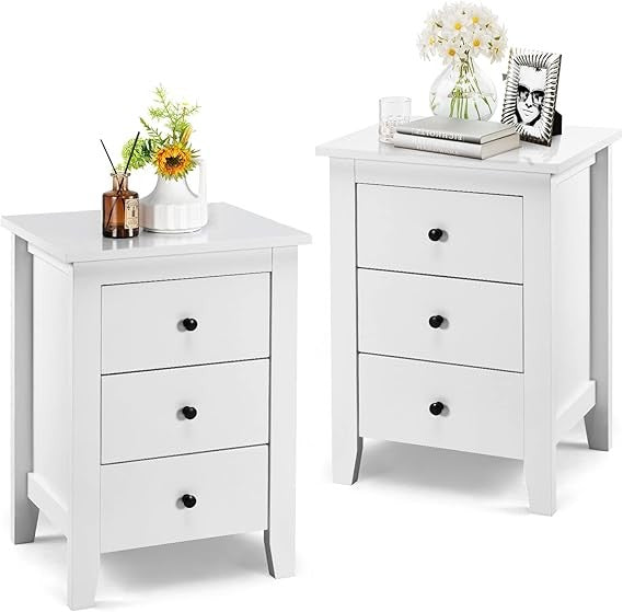 White Wooden Bedside Tables Set of 2 – Modern 3 Drawer Nightstands with Storage