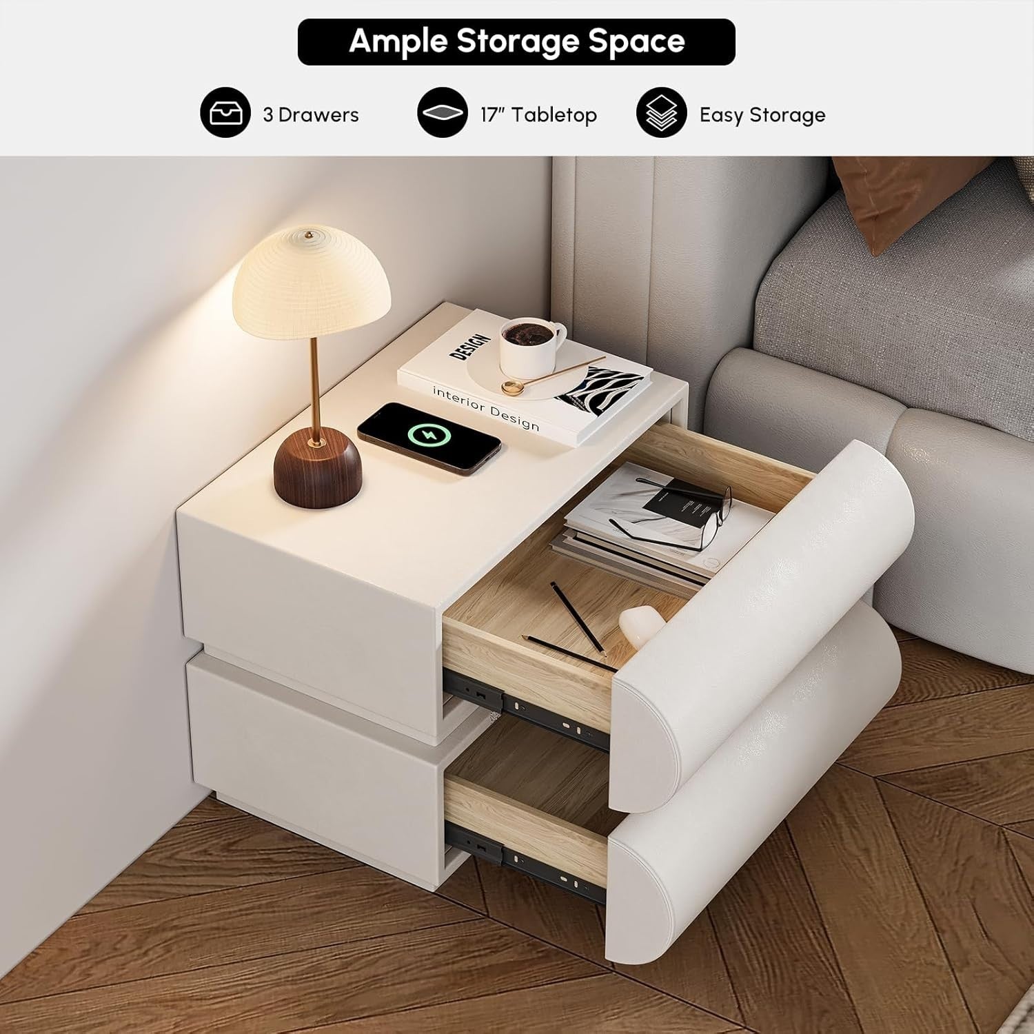 Modern 2 Drawer Bedside Table with Wireless Charger & USB Type-C – White