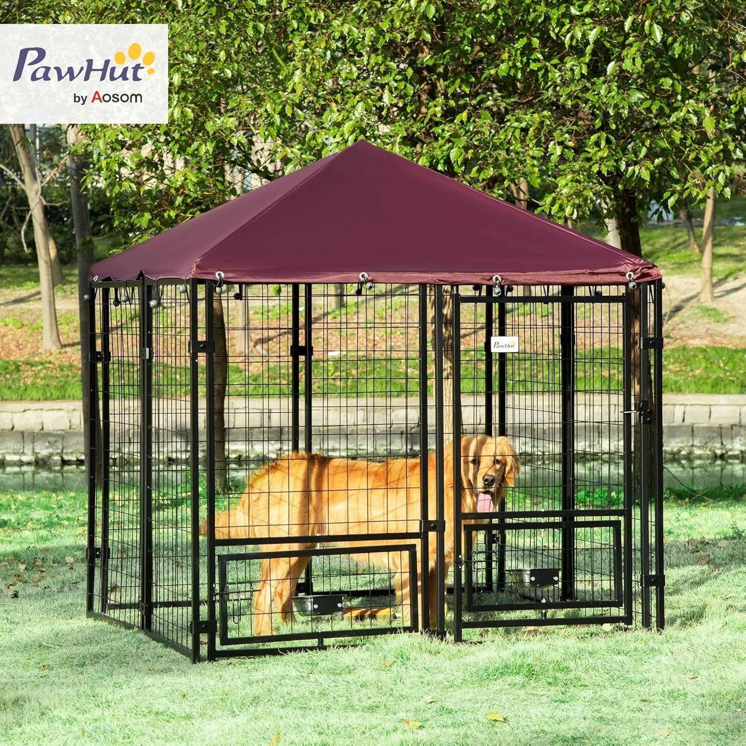 Outdoor Dog Kennel with Roof, Rotating Bowls & Lockable Steel Frame