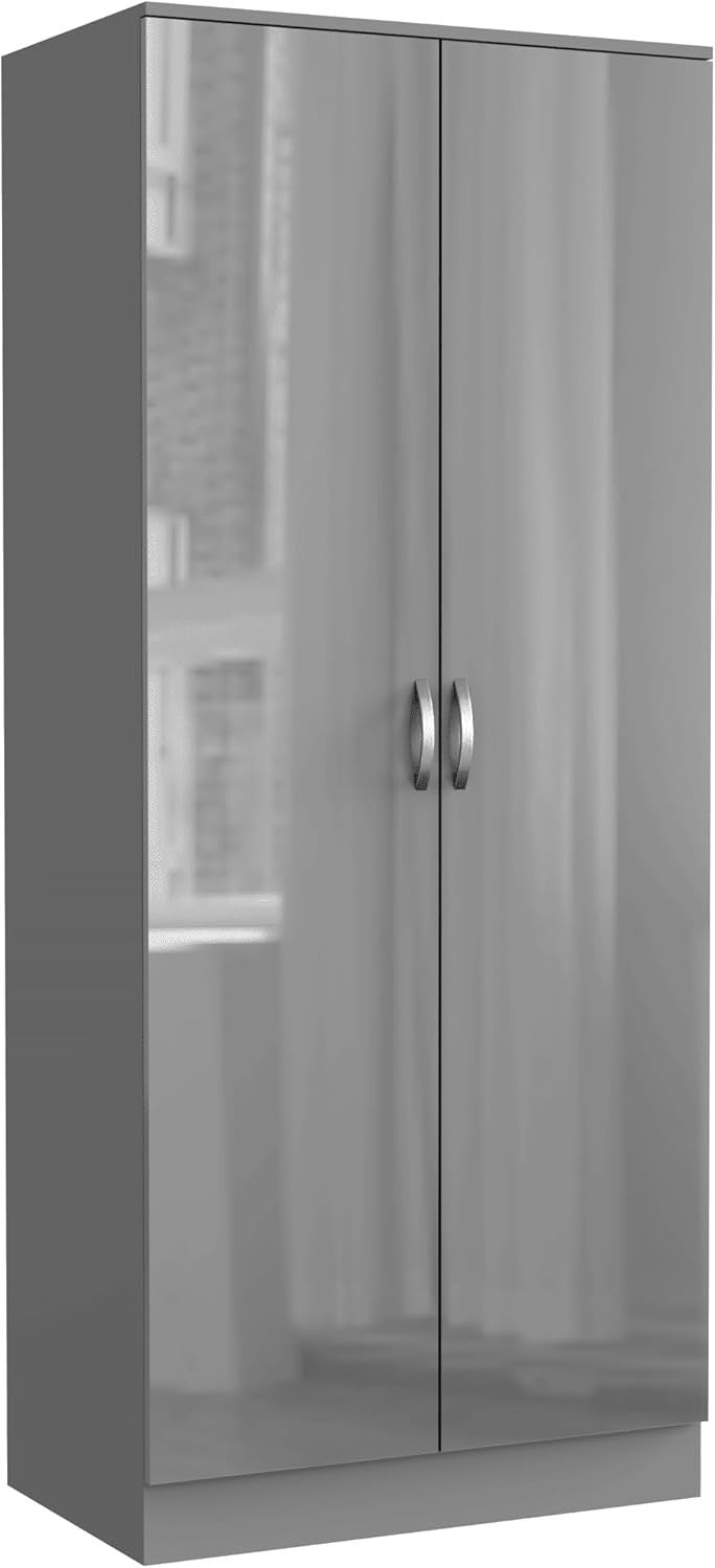 Grey High Gloss 2 Door Slim Wardrobe with Shelf & Hanging Rail 180cm