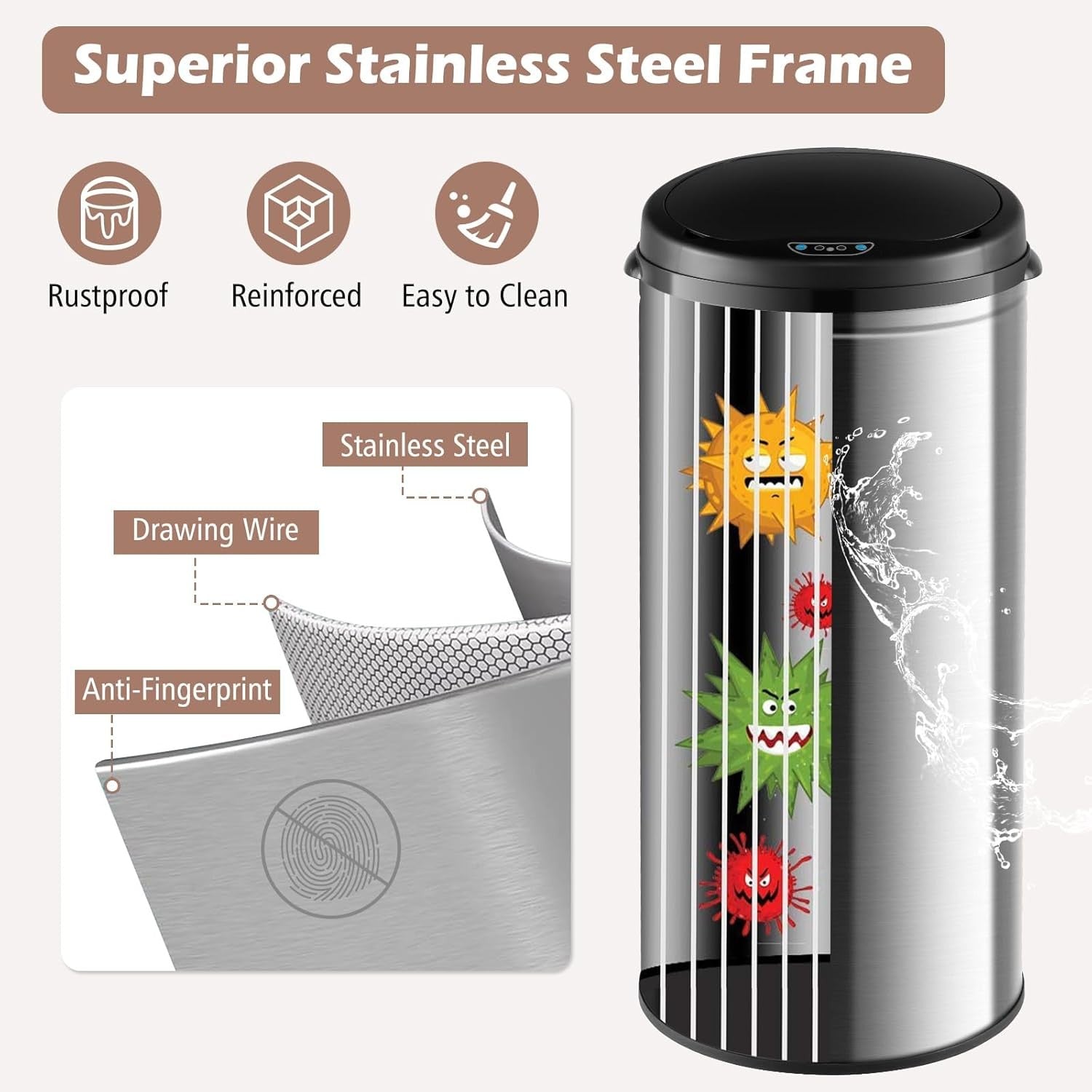 30L Automatic Kitchen Bin Touchless Sensor Soft Close Steel