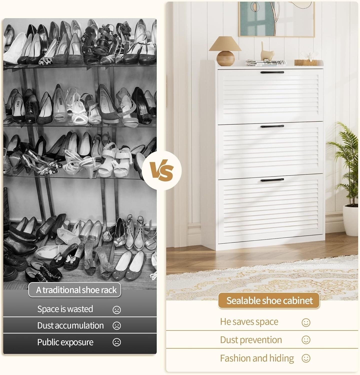 Slim Wooden Shoe Cabinet 3-Door Flip Storage, Adjustable Shelves, 32 Pairs