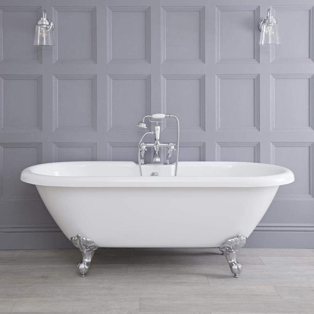 White Double Ended Roll Top Bath 1795x785mm Freestanding Chrome Claw Feet