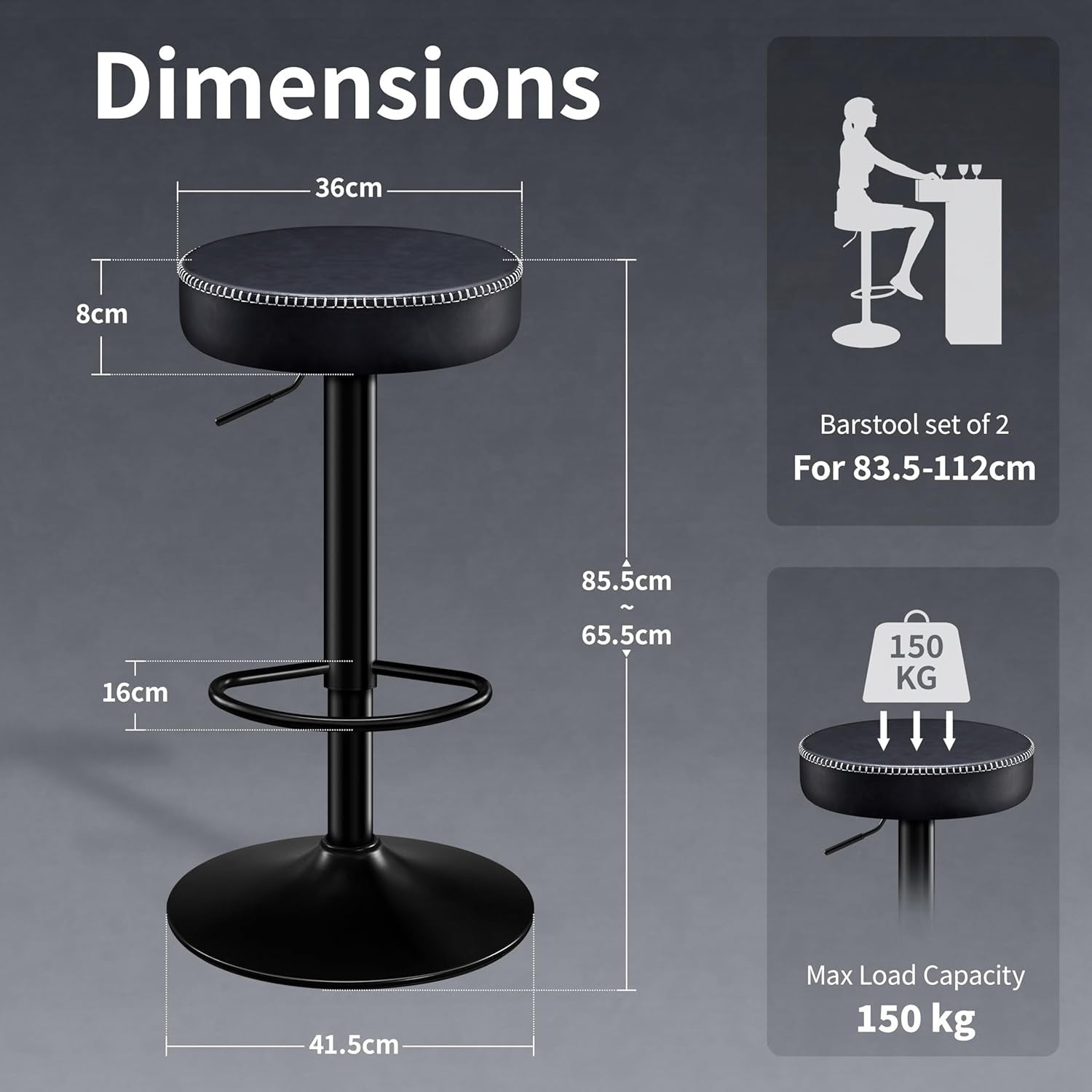 2PCS Ink Black Adjustable Swivel Bar Stools 36cm Round Industrial